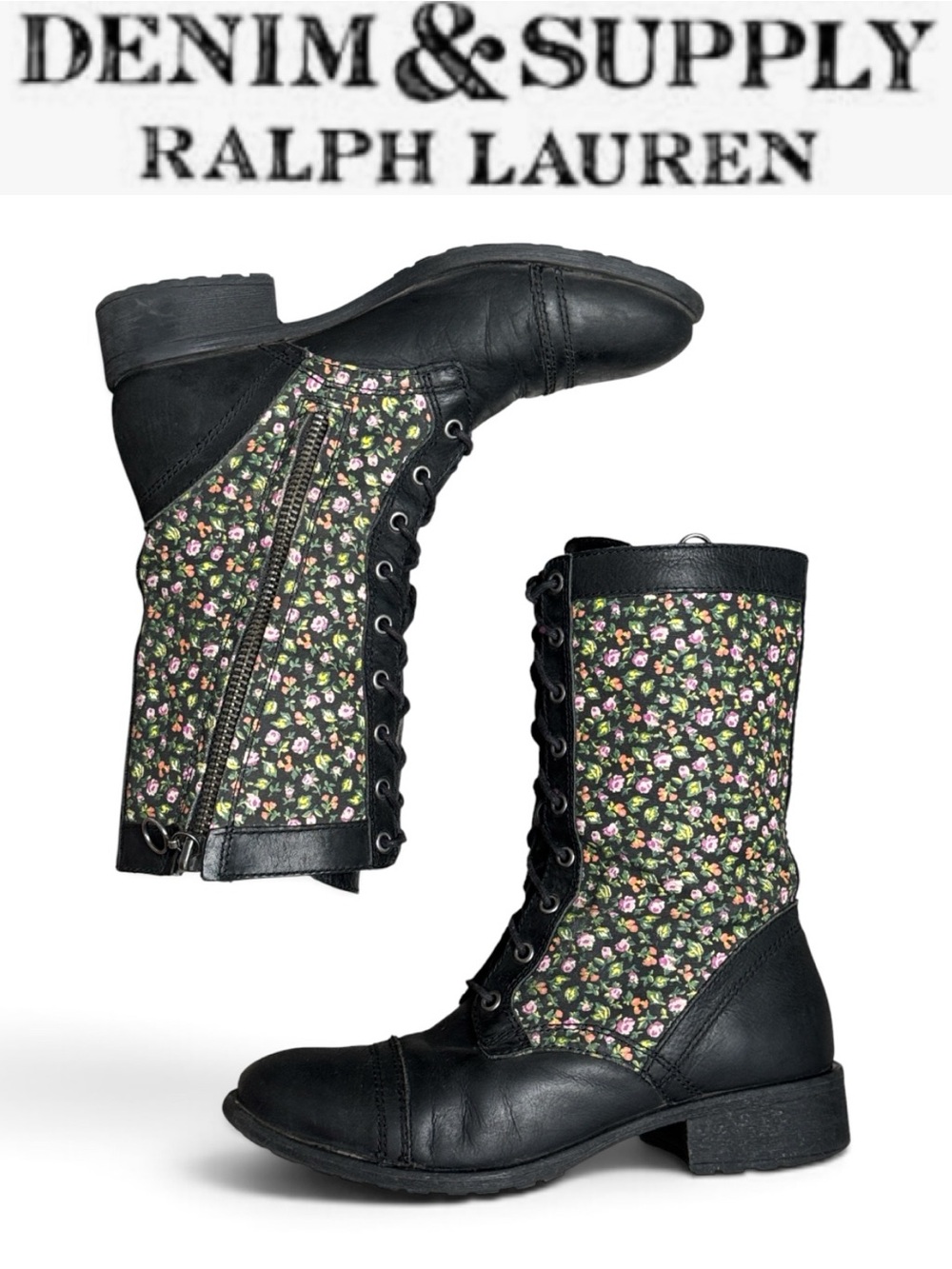 DENIM & SUPPLY RALPH LAUREN FLORAL LEATHER LACE UP COMBAT BOOTS BLACK SIZE 10